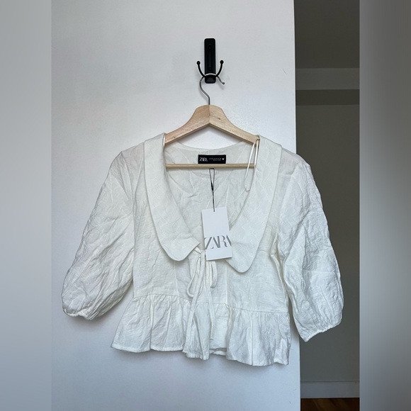 NWT ZARA Voluminous Peter Pan Collar Jacquard Shirt Blouse XS - Picture 4 of 7